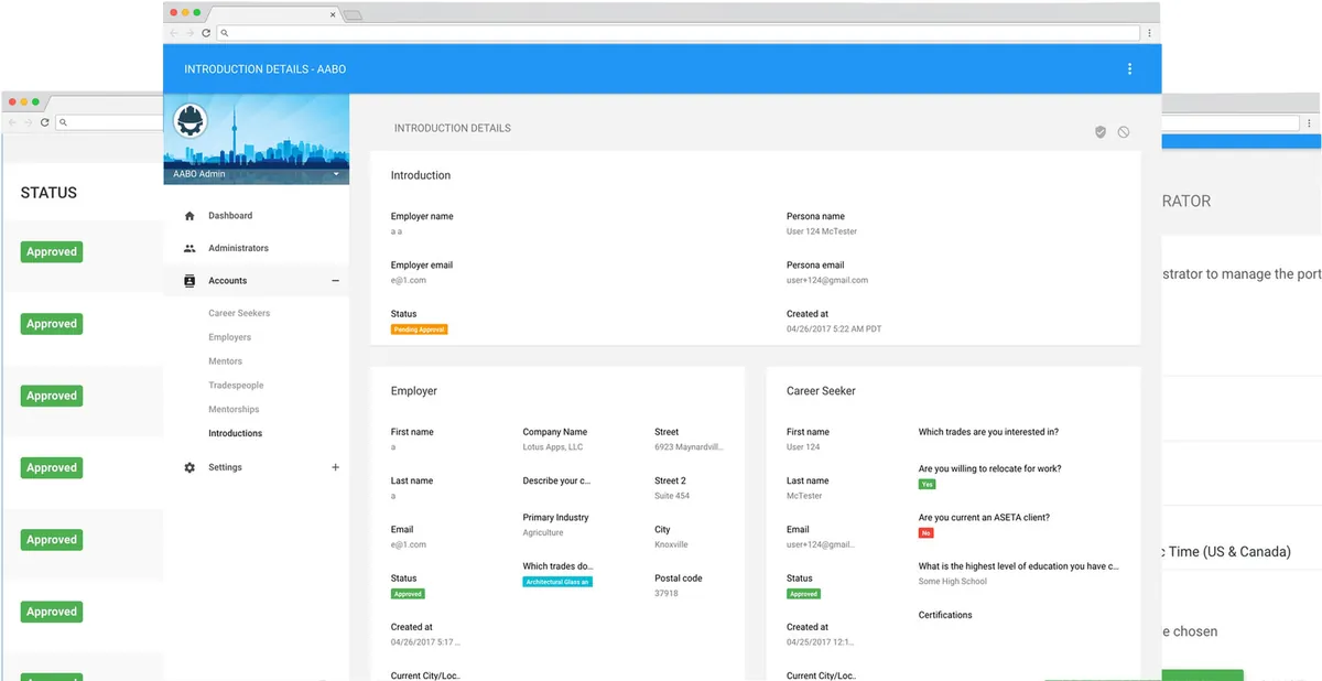 The AABO admin tool in a browser, showing an introduction's employer and career seeker details beside a side menu