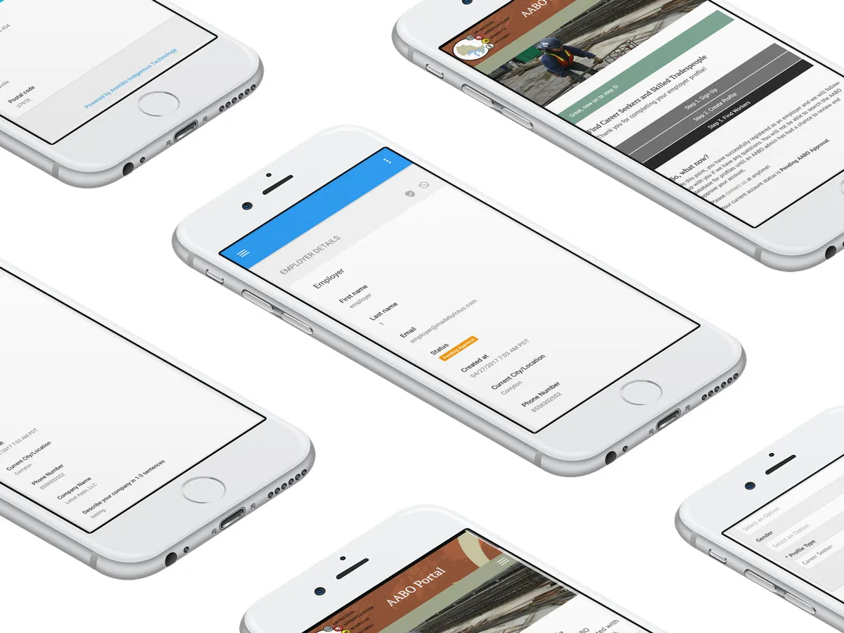 Several iPhones showing AABO portal and admin screens, including employer details and a sign-up progress page