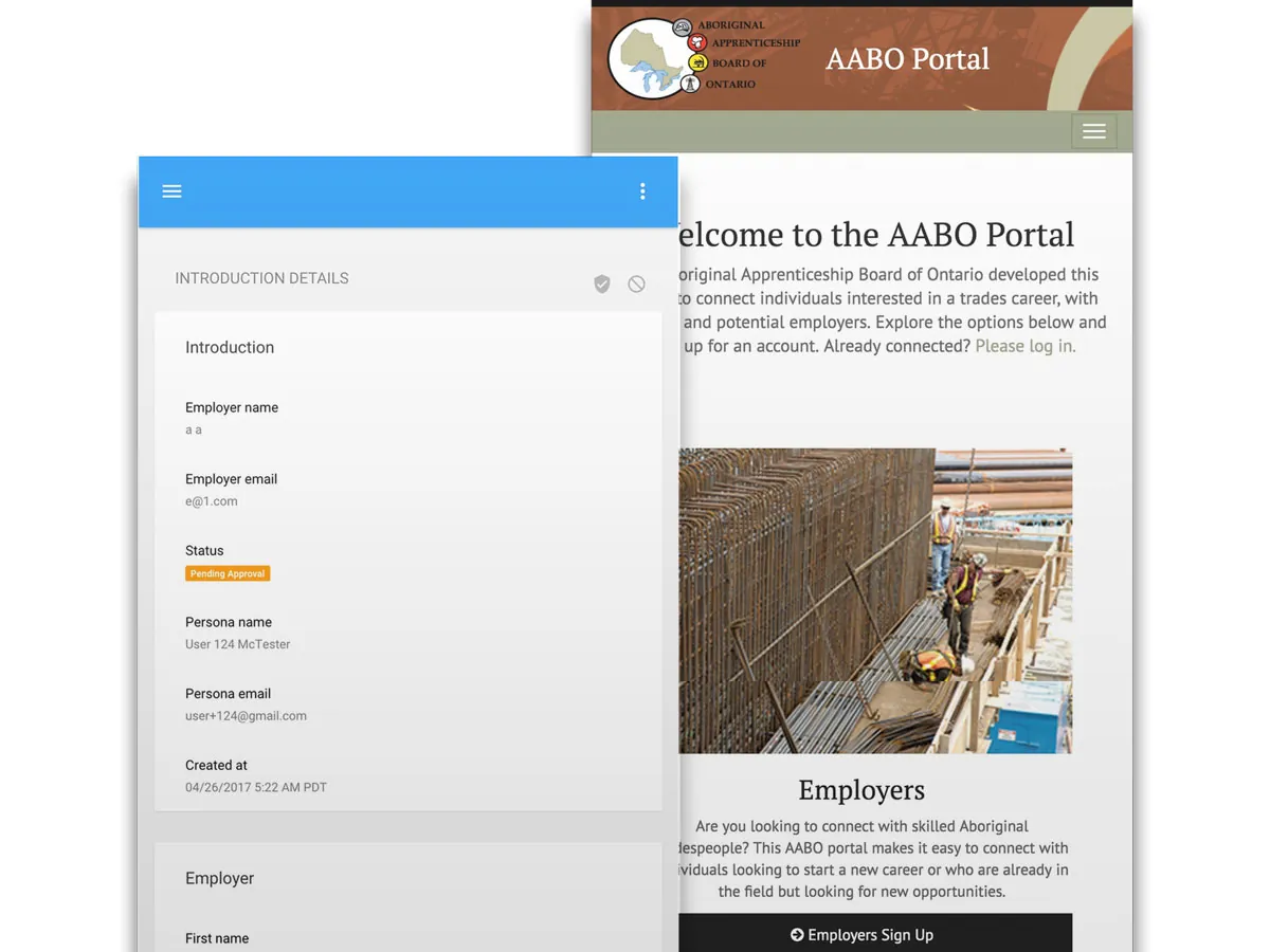 A mobile admin screen of introduction details beside the AABO Portal welcome page with an Employers Sign Up button