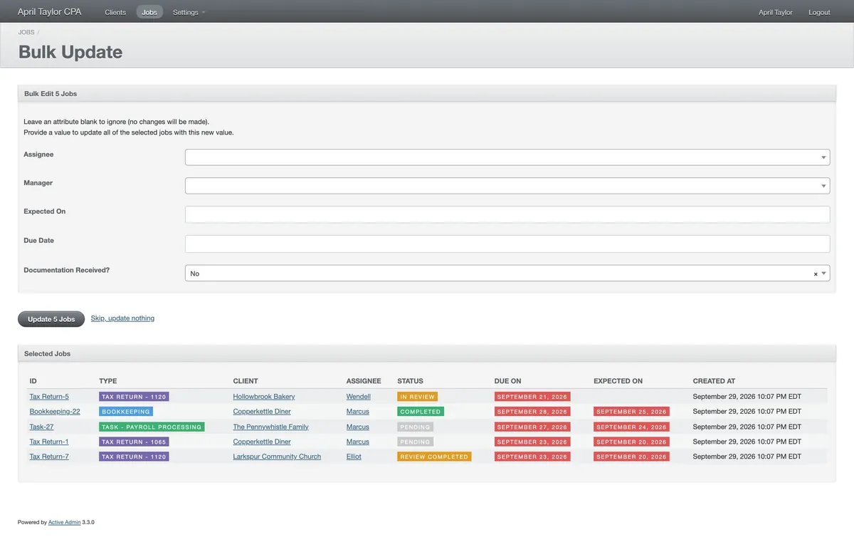 The Bulk Update page on demo data: Bulk Edit 5 Jobs, with blank fields for assignee, manager, expected date and due date, an Update 5 Jobs button, and the five selected jobs listed below.