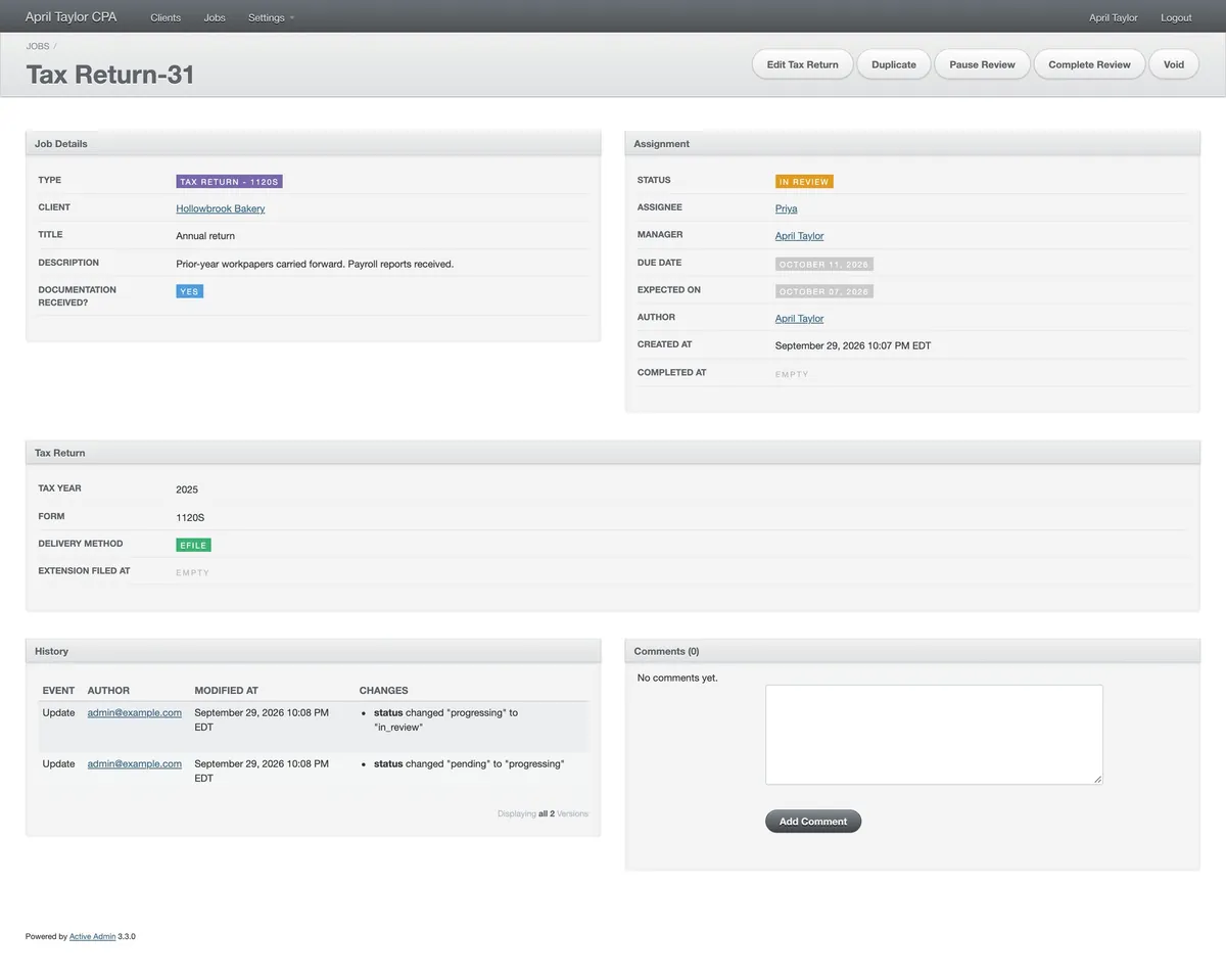 One tax return's page on demo data: Job Details with its type, client, title and description; Assignment with its status, assignee, manager, due date and expected date; Tax Return with its tax year, form and delivery method; a History of the changes made to it; and Comments.