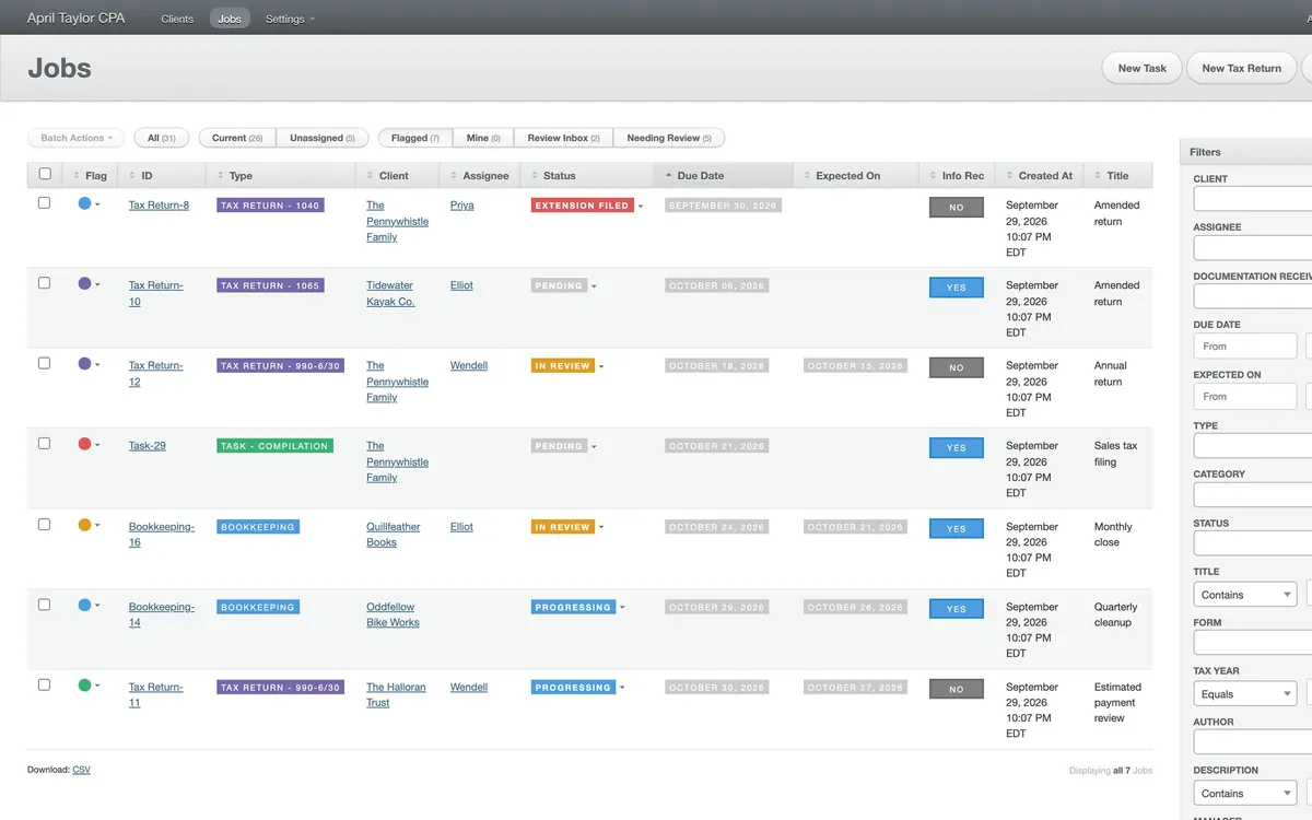 The jobs page on demo data: a dark grey header with Clients, Jobs and Settings, buttons for a new task, tax return or bookkeeping job, tabs for All, Current, Unassigned, Flagged, Mine, Review Inbox and Needing Review, and a table of jobs with coloured flags, type tags, clients, assignees, statuses and due dates.