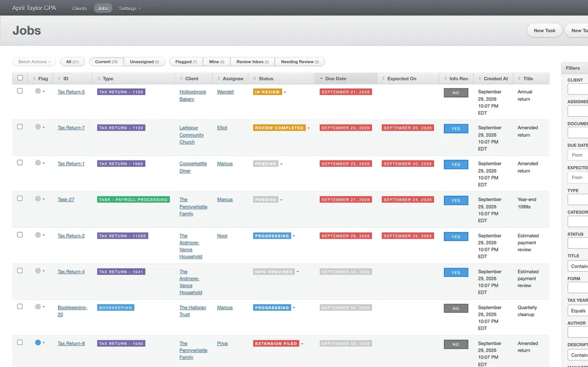 The jobs page on demo data, on its Current tab and sorted by due date: the due dates that have passed are red, and the ones still to come are grey.