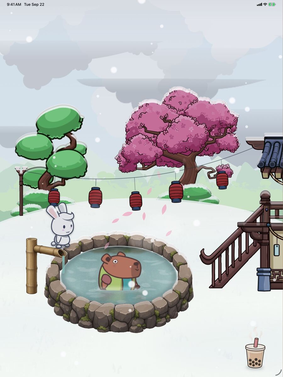 Bobara on iPad in the snow. Momo, dressed for the cold in green, soaks in the hot spring while a white rabbit stands on the snowy rim and cherry blossom petals fall.