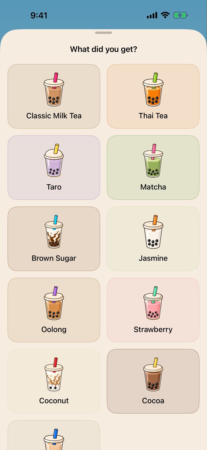 Checking in a drink on iPhone. A sheet asks "What did you get?" above a grid of boba teas: Classic Milk Tea, Thai Tea, Taro, Matcha, Brown Sugar, Jasmine, Oolong, Strawberry, Coconut and Cocoa.