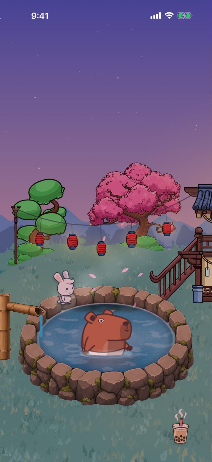 Bobara on iPhone at dusk. Momo the capybara soaks in a stone hot spring while a white rabbit sits on the rim, under a cherry tree and a string of red lanterns.