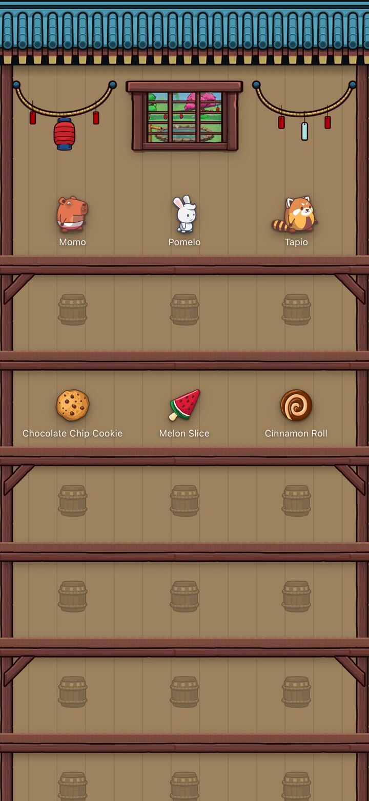 The tea house on iPhone. Wooden shelves hold the friends who have visited, Momo, Pomelo the rabbit and Tapio the red panda, and prizes including a chocolate chip cookie, a melon slice and a cinnamon roll.