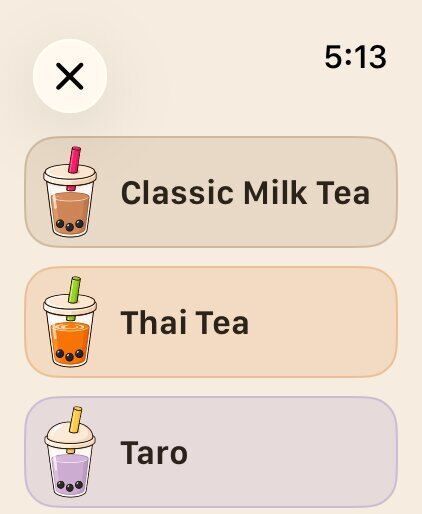 Checking in a drink on Apple Watch, from a list that starts with Classic Milk Tea, Thai Tea and Taro.