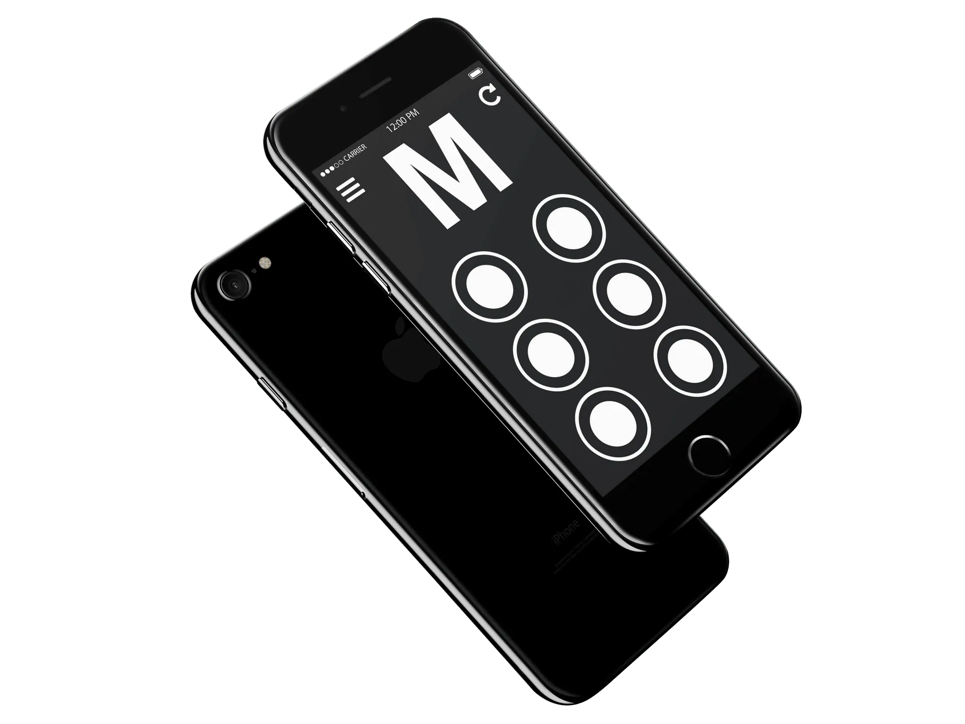 An iPhone running BraillED, showing a large letter M above six circles laid out like a braille cell