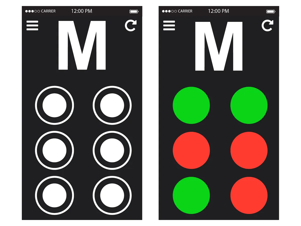 Two high-contrast BraillED screens for the letter M: six white circles, then the same circles marked green and red
