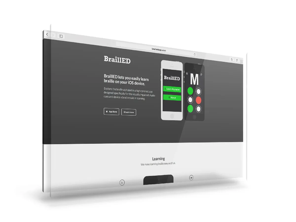 The BraillED marketing website in a browser: "BraillED lets you easily learn braille on your iOS device."