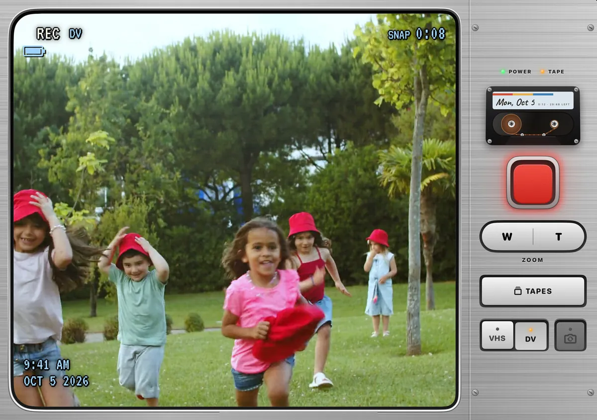 The same scene in the MiniDV look on iPhone Duo&rsquo;s inside screen, in the simulator: crisper and cooler, with a blue-tinted display reading REC DV and SNAP 0:08 over the children running on the lawn.