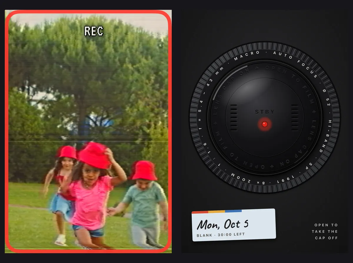 iPhone Duo&rsquo;s outside screen, in the simulator, two ways. Open: the person being filmed sees themselves running across the lawn, under a REC light in a red frame. Closed: a camera lens cap in standby, ringed with lens markings, with a cassette label for Mon, Oct 5, blank, 30:00 left, and the words &lsquo;Open to take the cap off&rsquo;.