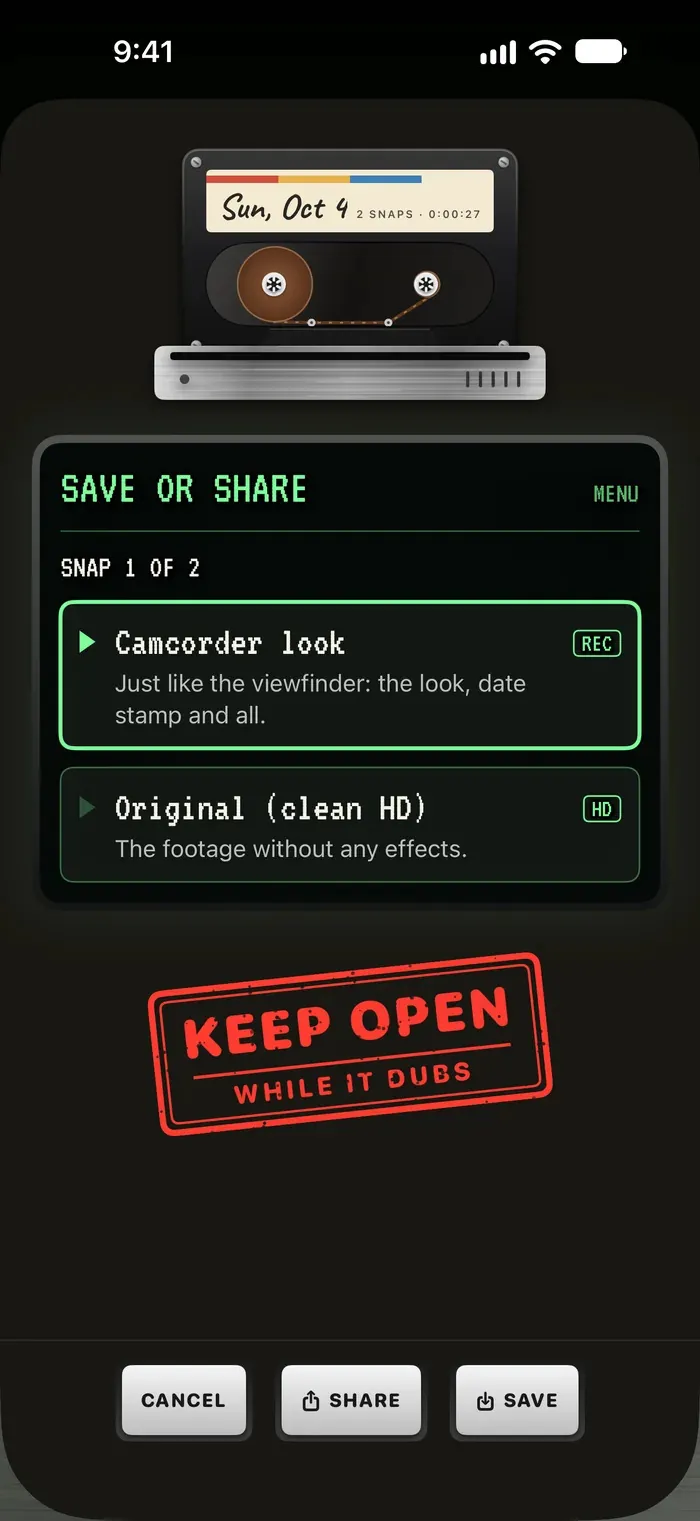 Flipcorder&rsquo;s Save or Share menu on iPhone: Camcorder look, just like the viewfinder, the look, date stamp and all, or Original (clean HD), the footage without any effects, under the cassette in the deck, with a red rubber stamp reading Keep open while it dubs.