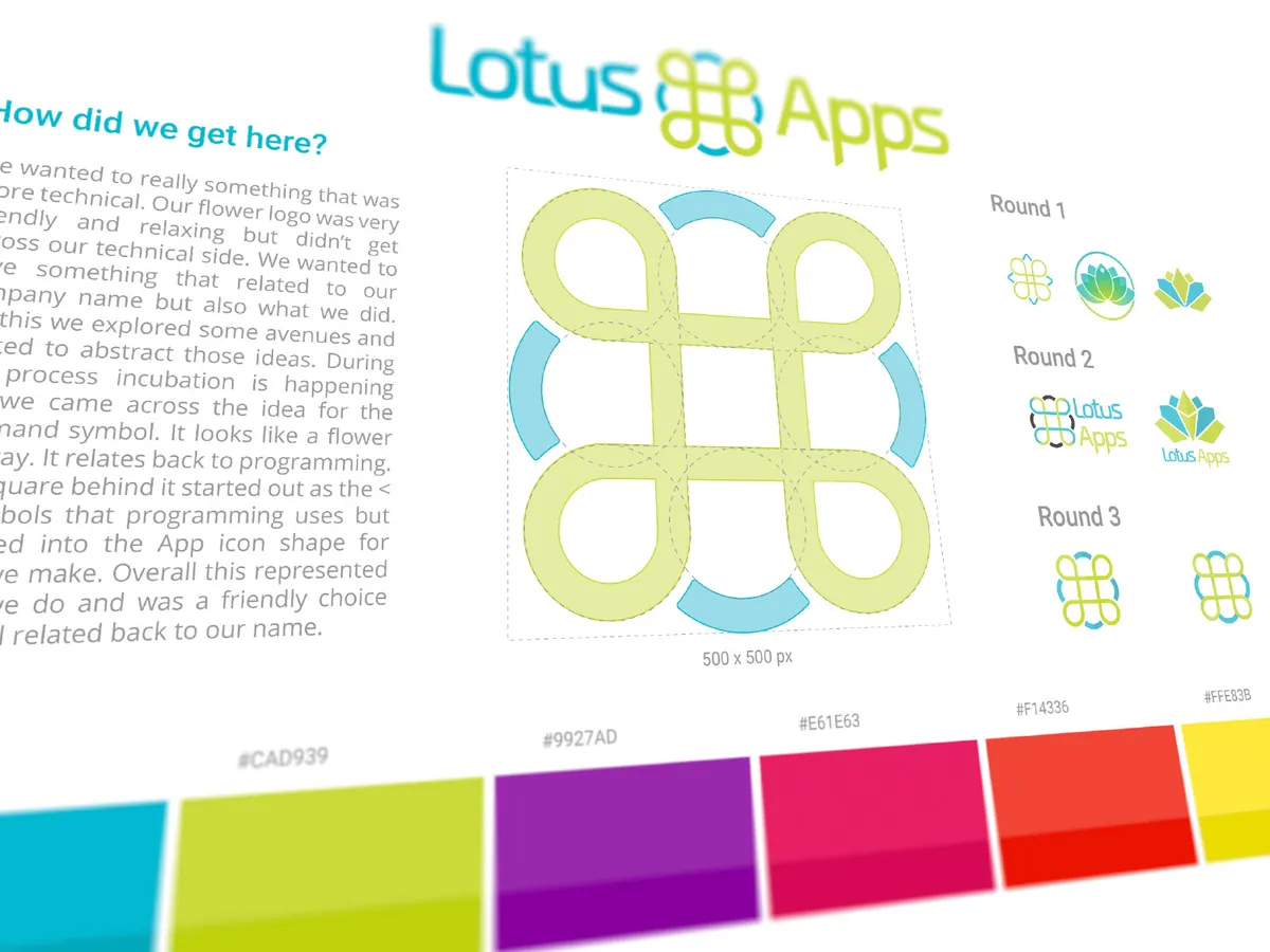 A Lotus Apps branding guide page showing the command-symbol logo on a grid, three rounds of logo concepts and a color palette