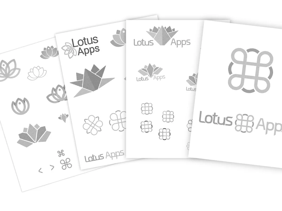 Grayscale logo sketch sheets, moving from lotus-flower marks to the final command-symbol Lotus Apps logo