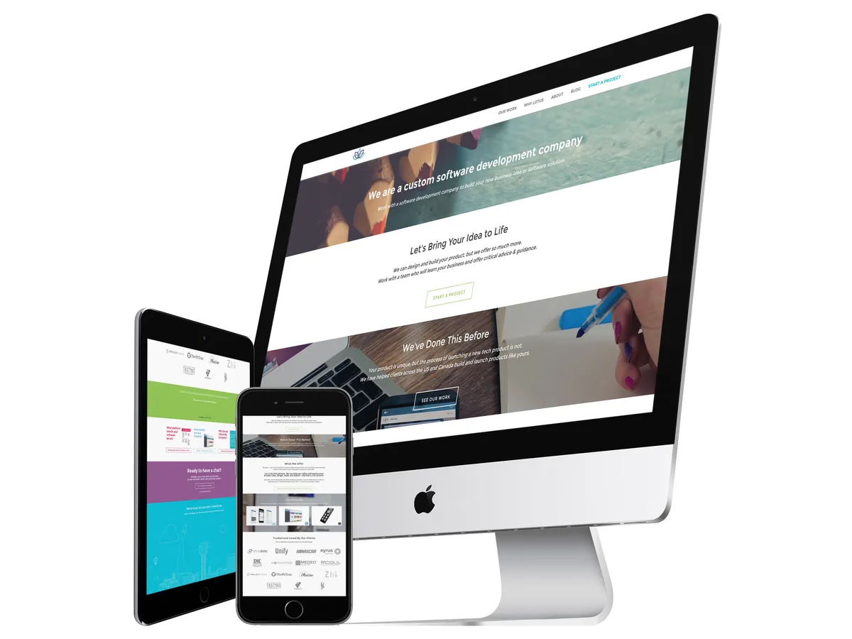 The redesigned Lotus website on a desktop monitor, a tablet and a phone, headed "We are a custom software development company"