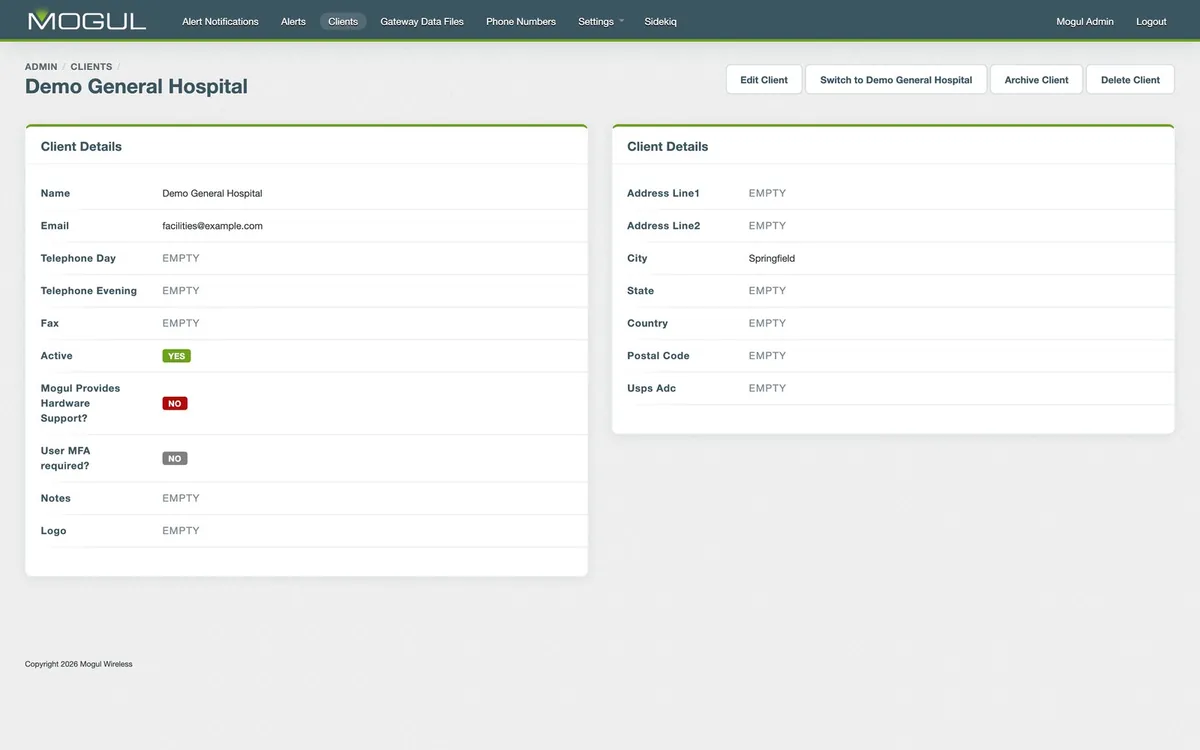 Mogul&rsquo;s admin, restyled in its own slate and green, showing a demo client&rsquo;s details: active, whether Mogul provides its hardware support, and whether its users must sign in with a one-time code.