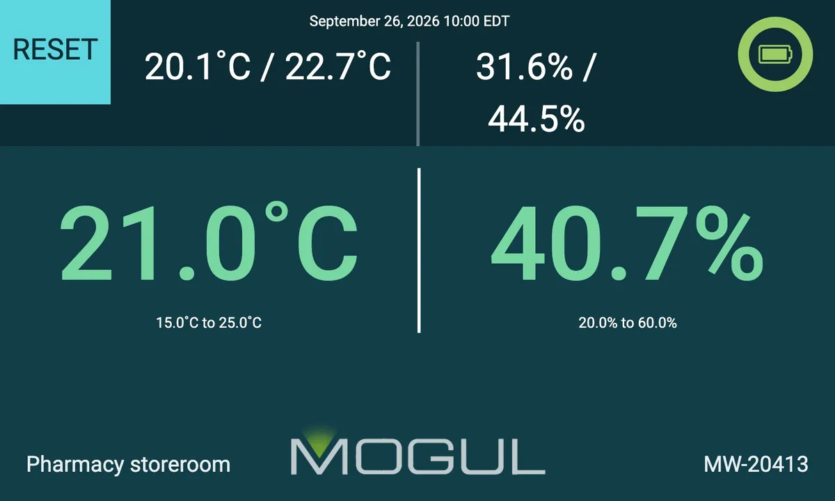 A display for a pharmacy storeroom&rsquo;s sensor, on demo data, reading two things side by side on the same dark teal: 21.0&deg;C and 40.7% humidity, each with its range.