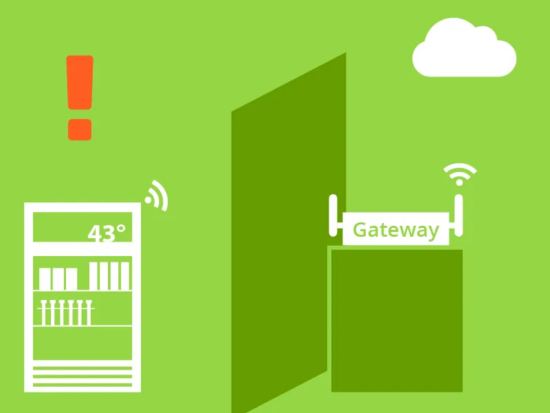 Illustration of a medical fridge reading 43 degrees with an alert sign, sending a wireless signal to a gateway and the cloud