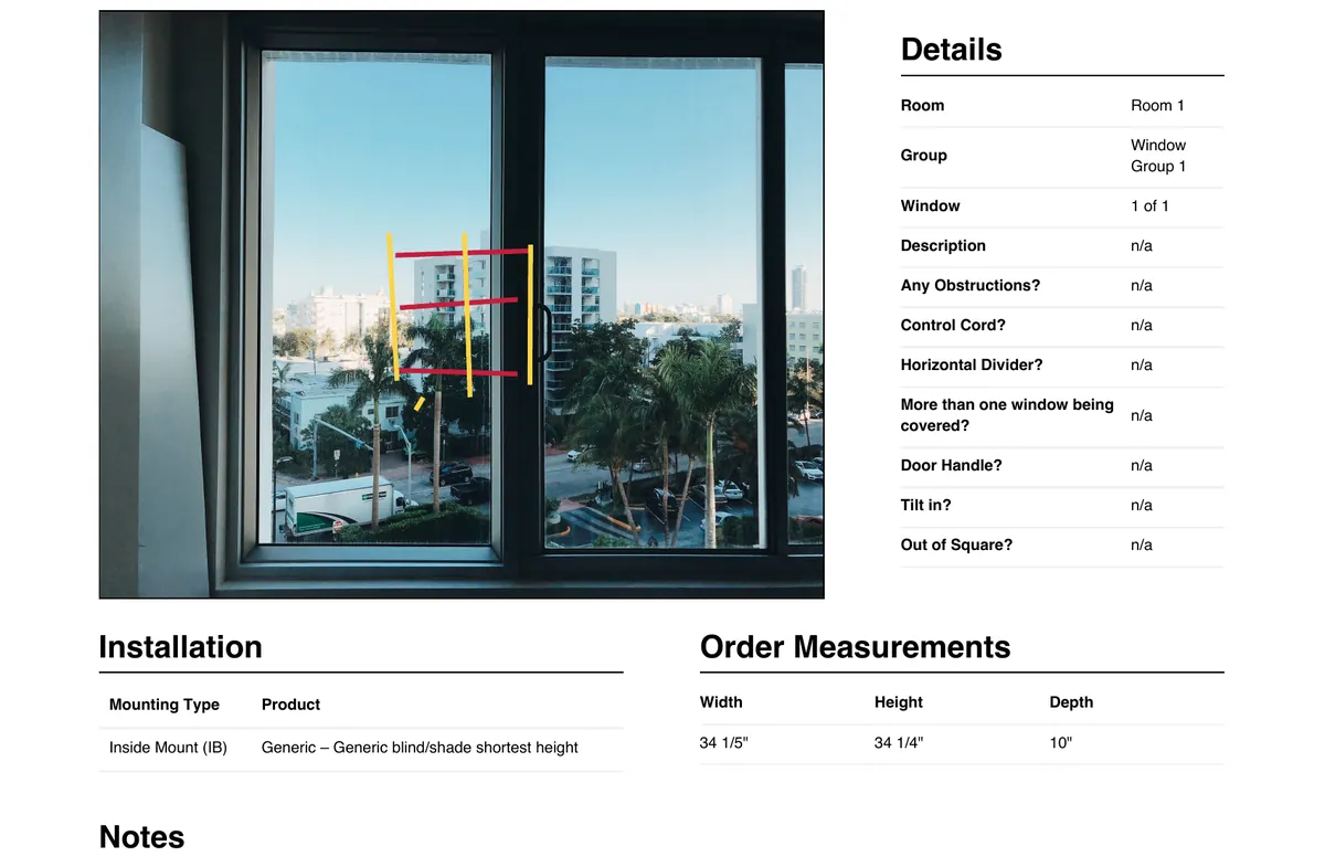 A window&rsquo;s page of the PDF: the photo with its measurement lines printed over it, beside the window&rsquo;s details and questionnaire answers, and below them the installation, the order measurements and the notes. Seed data.