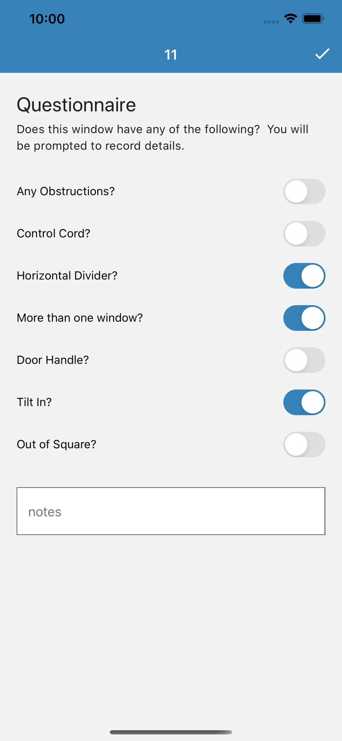 A window&rsquo;s questionnaire, with Horizontal Divider, More than one window and Tilt In switched on.