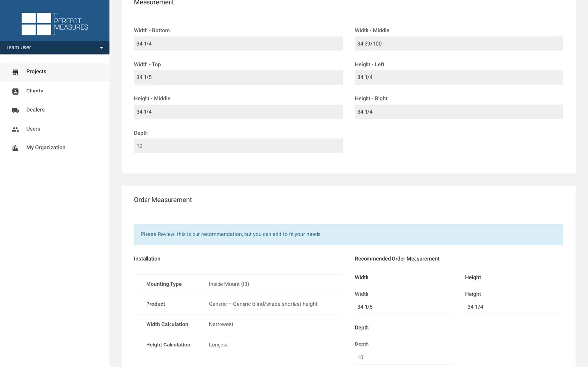 Editing a window in the web app: the measurements from the field, greyed out, above an Order Measurement panel that says &lsquo;Please Review: this is our recommendation, but you can edit to fit your needs.&rsquo;, with the product&rsquo;s Narrowest width and Longest height rules beside the editable width, height and depth. Seed data.
