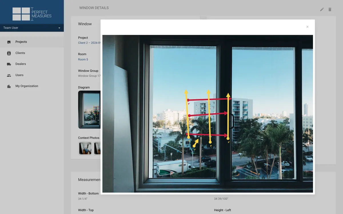 The web app&rsquo;s window page, with its diagram opened large: a photo of a window with red and yellow measurement arrows over it, above the Perfect Measures sidebar of Projects, Clients, Dealers, Users and My Organization. Seed data.