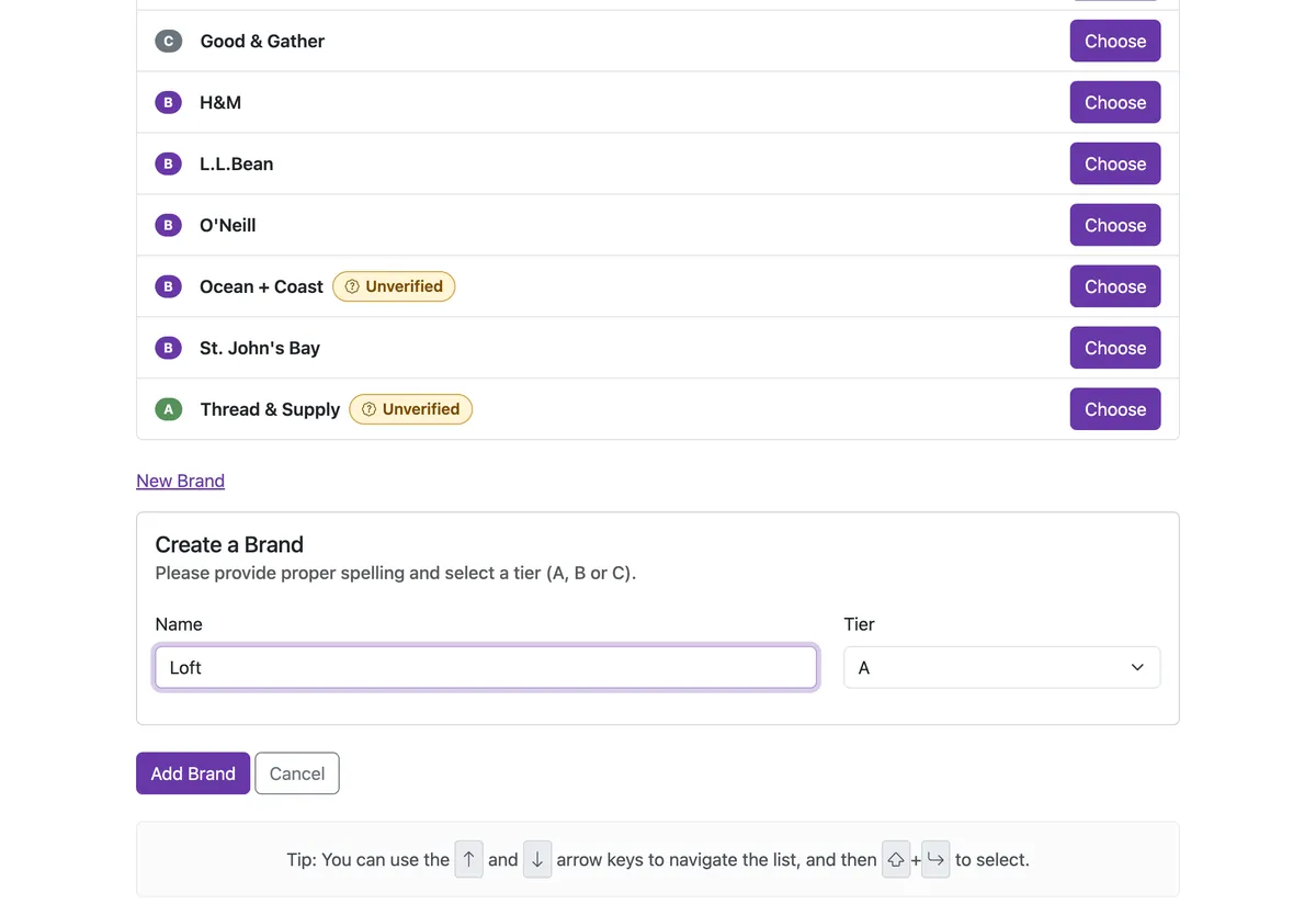Adding a brand on an iPad: under the brand list, a Create a Brand form has opened in place, asking for the proper spelling and a tier, with Loft typed in and an Add Brand button.