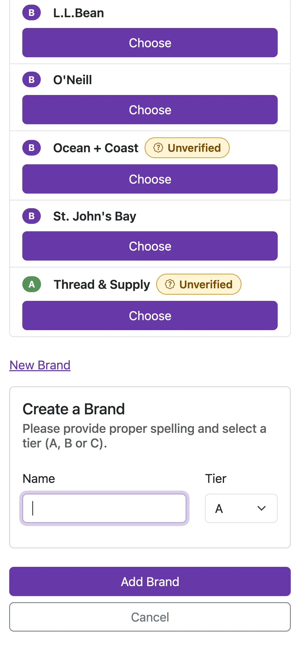 The same Create a Brand form on a phone, its fields and buttons stacked to fit the narrower screen.