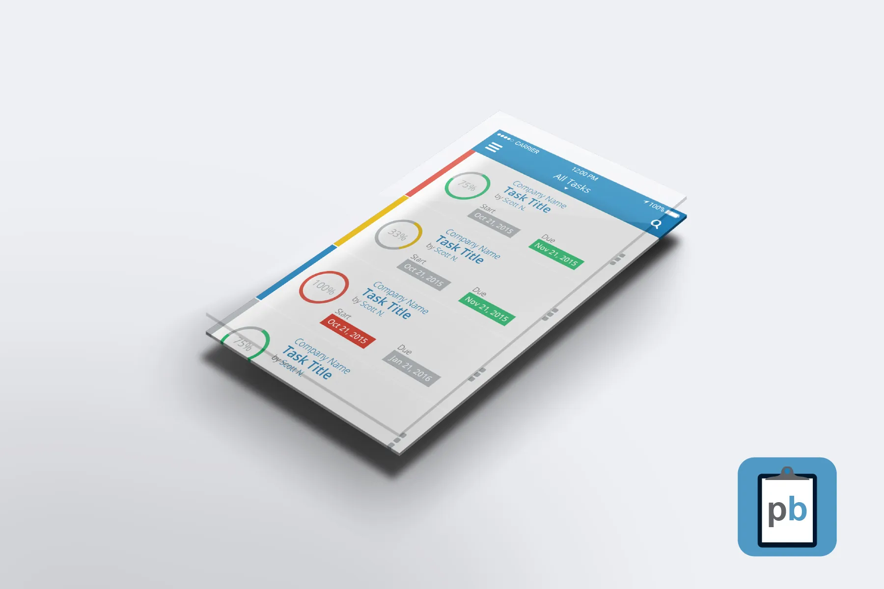 The Project Boss mobile app's All Tasks list, with progress rings and start and due dates, beside the app icon