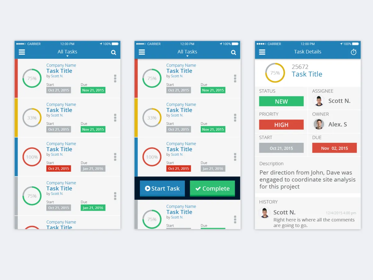Project Boss task screens: the All Tasks list, a task with Start Task and Complete buttons, and task details