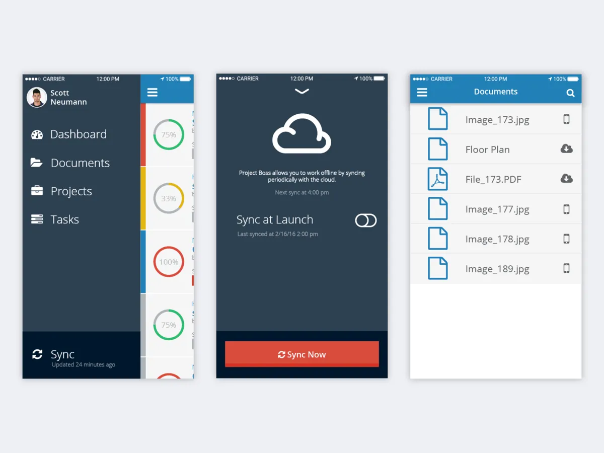 Three Project Boss screens: the side menu with Sync, the sync screen with a Sync Now button, and a Documents list