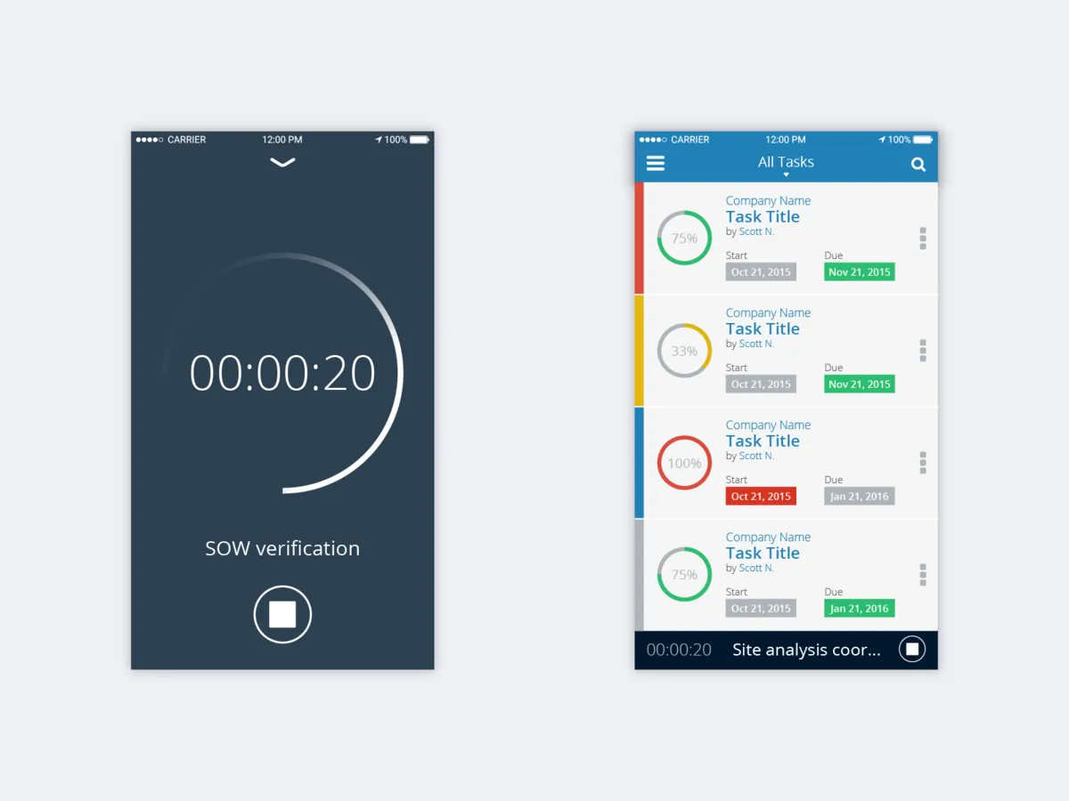 A Project Boss task timer running at 00:00:20, and the task list with the running timer pinned at the bottom