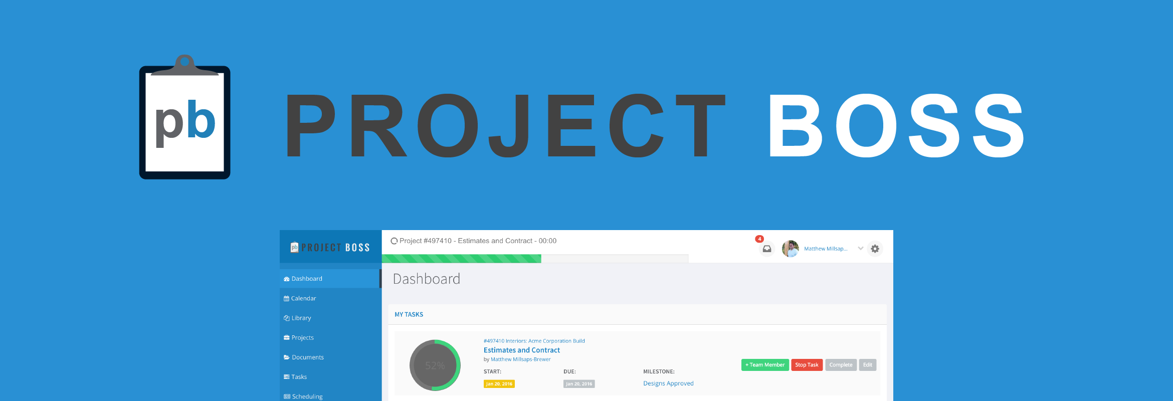 The Project Boss logo above the web app's dashboard, showing a My Tasks list