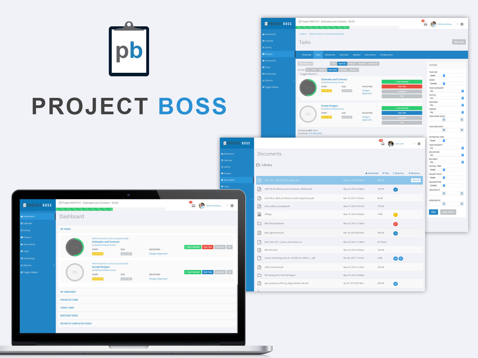 Project Boss web app screens: the dashboard on a laptop, a project's task list and a documents library