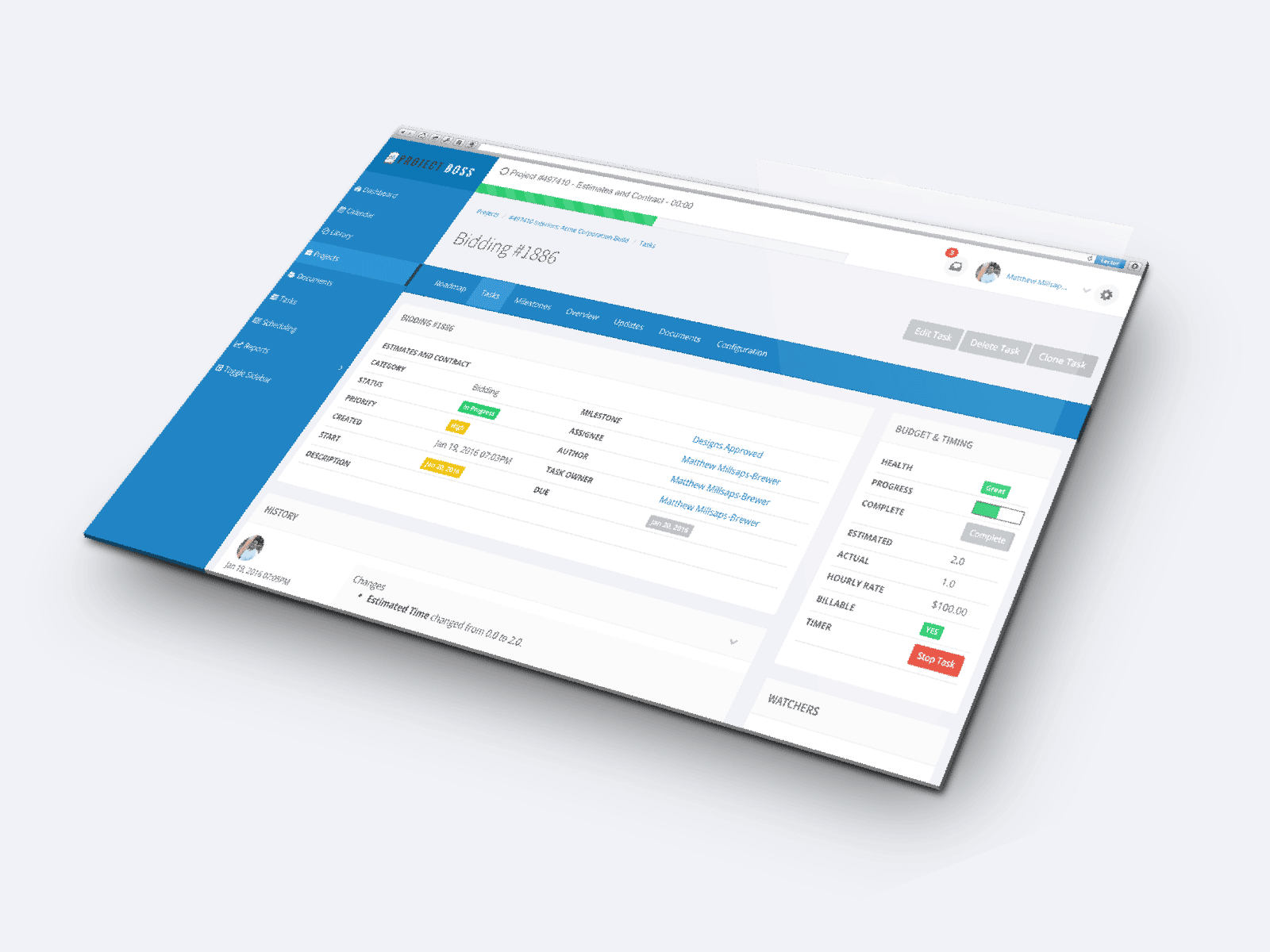 A Project Boss task page in the web app, with task details, history and a Budget & Timing panel