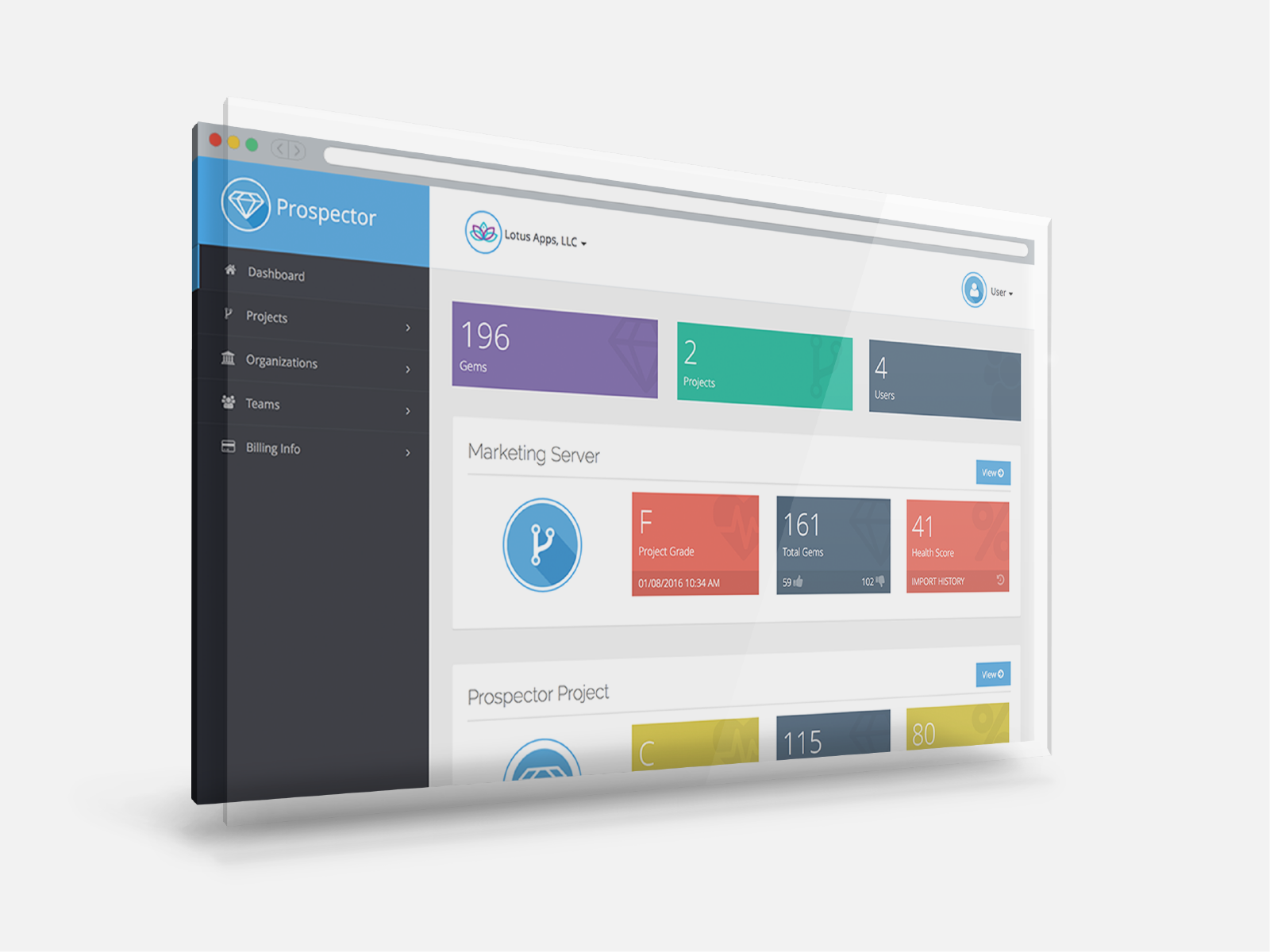 The Prospector dashboard, with gem, project and user counts and a grade and health score for each project