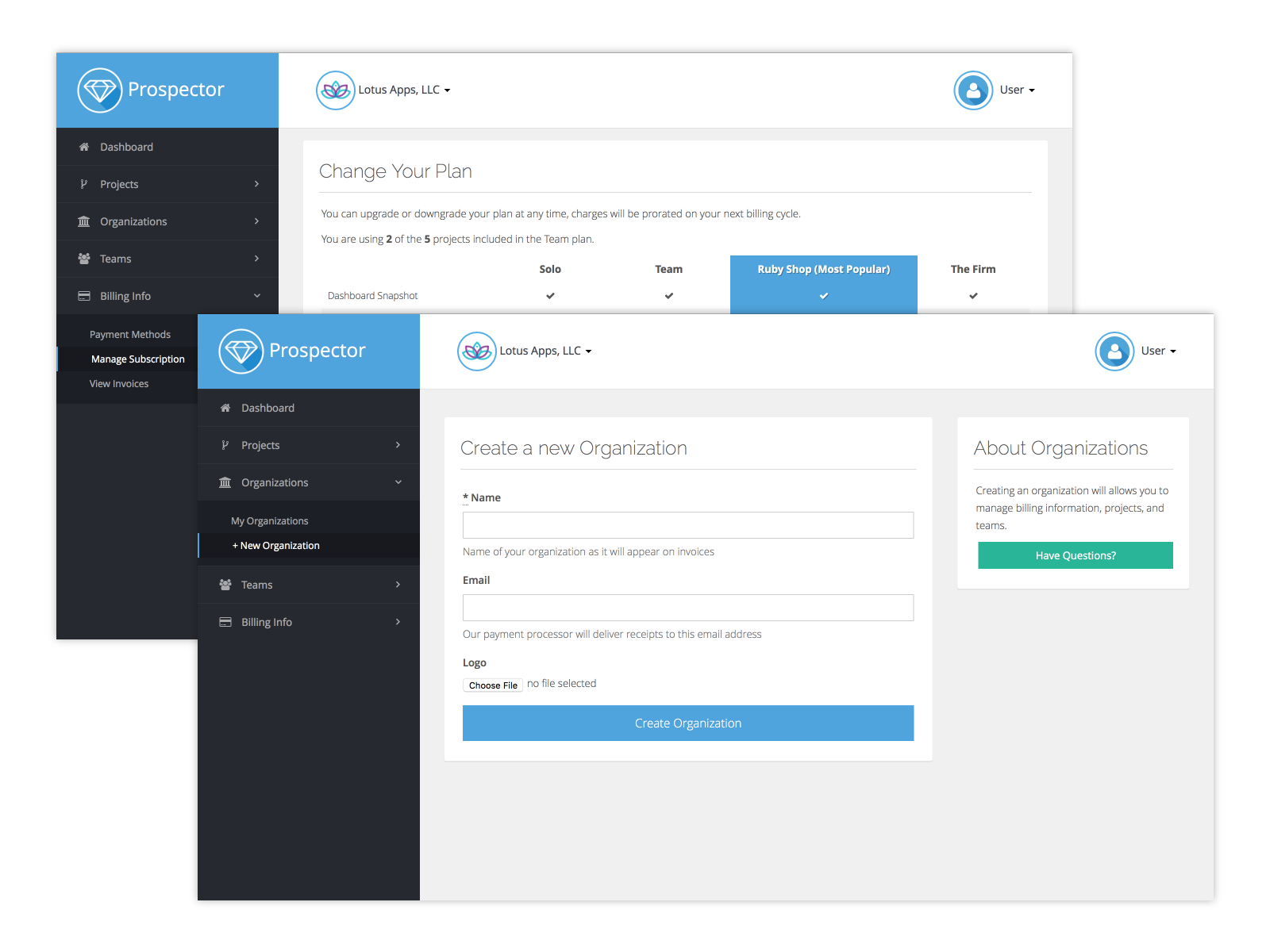 Prospector screens for changing a subscription plan and creating a new organization