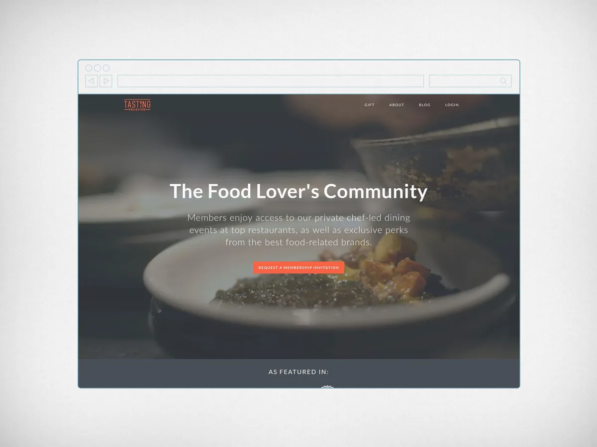 The Tasting Collective home page in a browser, headed The Food Lover's Community with a Request a Membership Invitation button