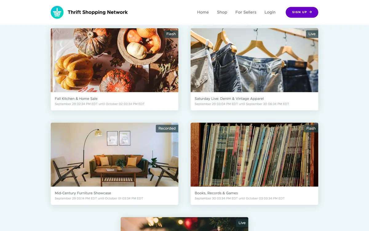The sales on the shoppers&rsquo; site, on demo data, each with its banner photo and a Flash, Live or Recorded tag: a Fall Kitchen & Home Sale with pumpkins, Saturday Live: Denim & Vintage Apparel with jeans on hangers, a Mid-Century Furniture Showcase with a living room, and Books, Records & Games with a shelf of records.
