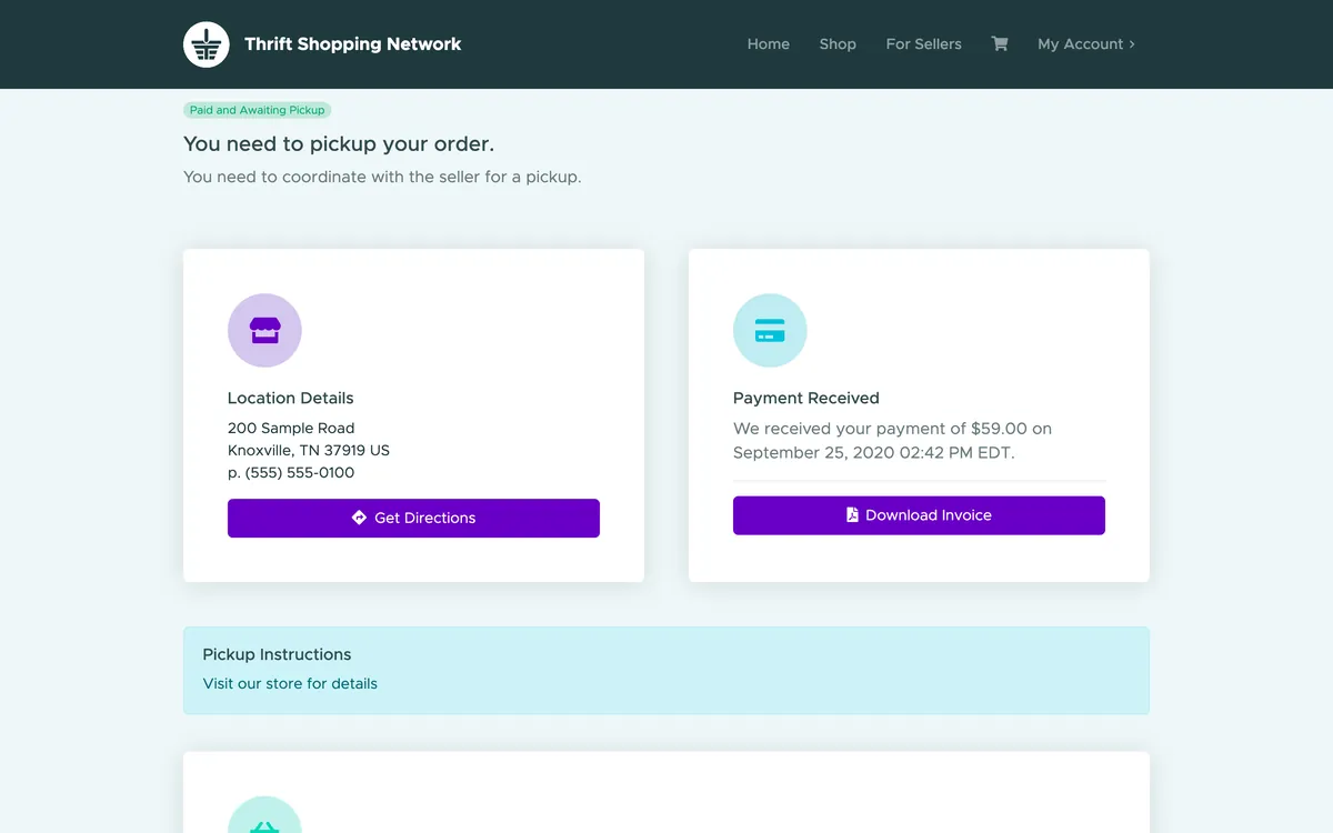 An invoice on demo data, Paid and Awaiting Pickup: the store&rsquo;s address and pickup instructions beside the payment received, and the items bought below.