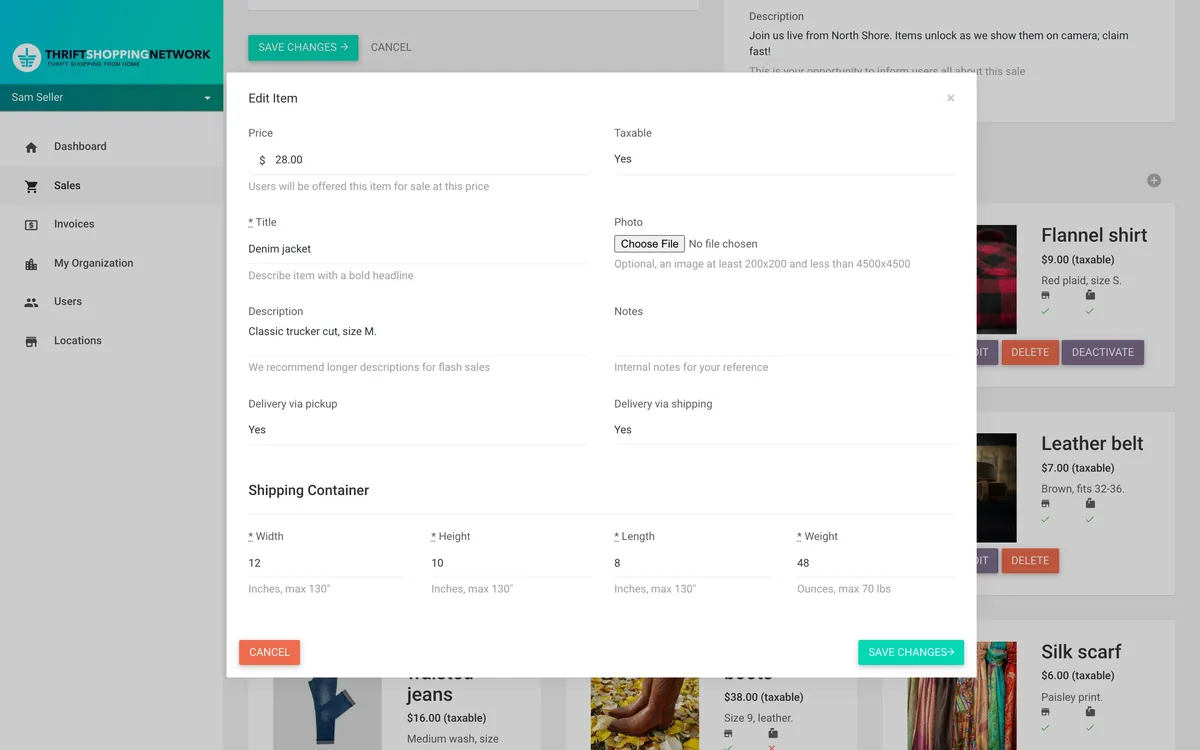 Editing an item in the seller&rsquo;s portal, on demo data: a denim jacket at $28.00, offered for pickup and for shipping, in a box 12 by 10 by 8 inches weighing 48 ounces, each field with its limit, up to 130 inches and 70 pounds.