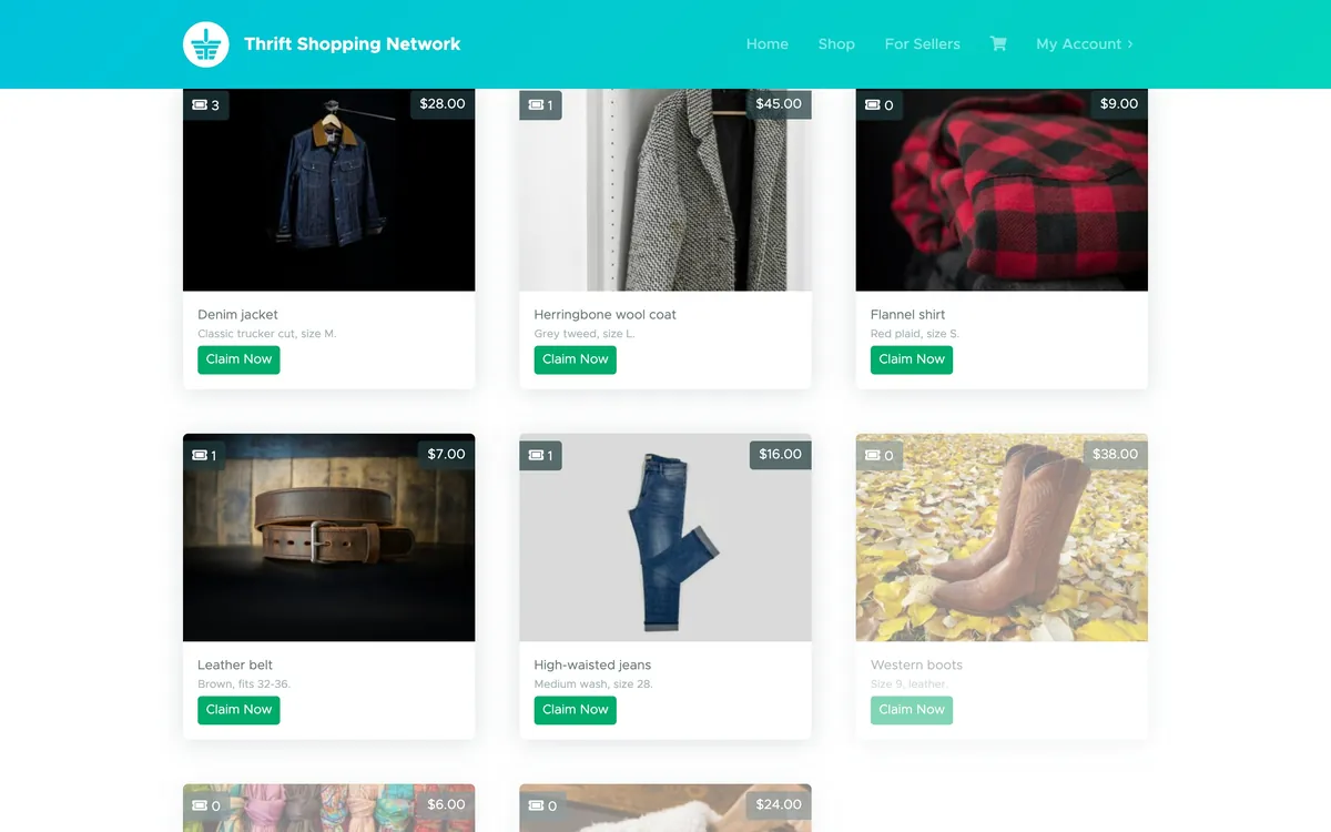 A live sale&rsquo;s items on demo data, each with its price and a count of its claims: a denim jacket at $28.00 with 3 claims, a herringbone wool coat at $45.00 with 1, and a red plaid flannel shirt, a leather belt and high-waisted jeans, with western boots in autumn leaves still faded until they&rsquo;re shown.
