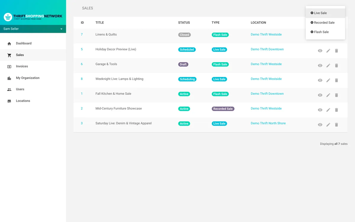 The list of sales in the seller&rsquo;s portal, on demo data, with the New Sale menu open on three choices: Flash Sale, Recorded Sale and Live Sale.