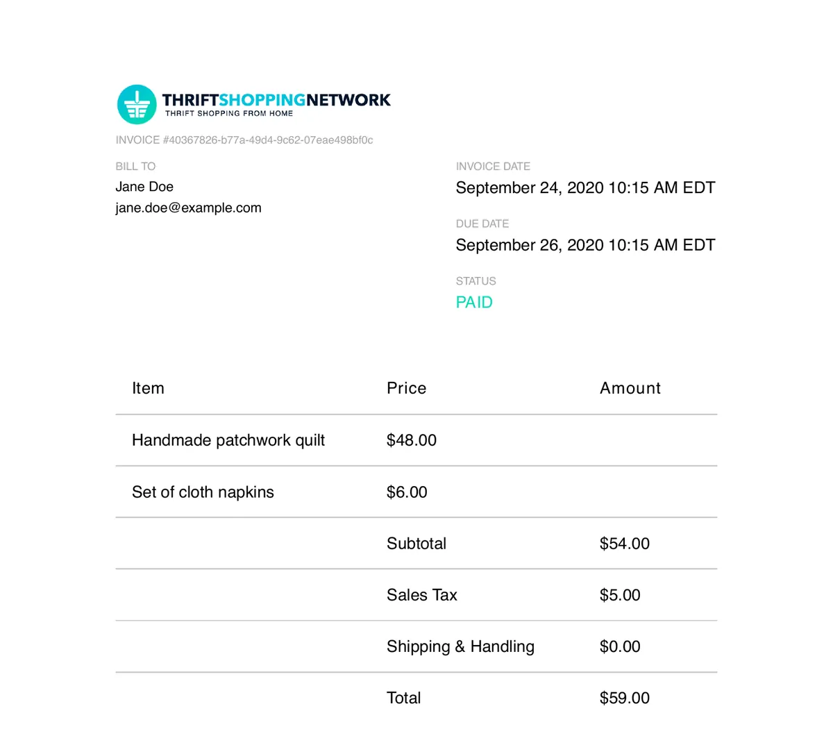 A paid invoice as a PDF, on demo data: the Thrift Shopping Network logo, billed to Jane Doe, marked PAID, for a handmade patchwork quilt at $48.00 and a set of cloth napkins at $6.00, $59.00 with sales tax.