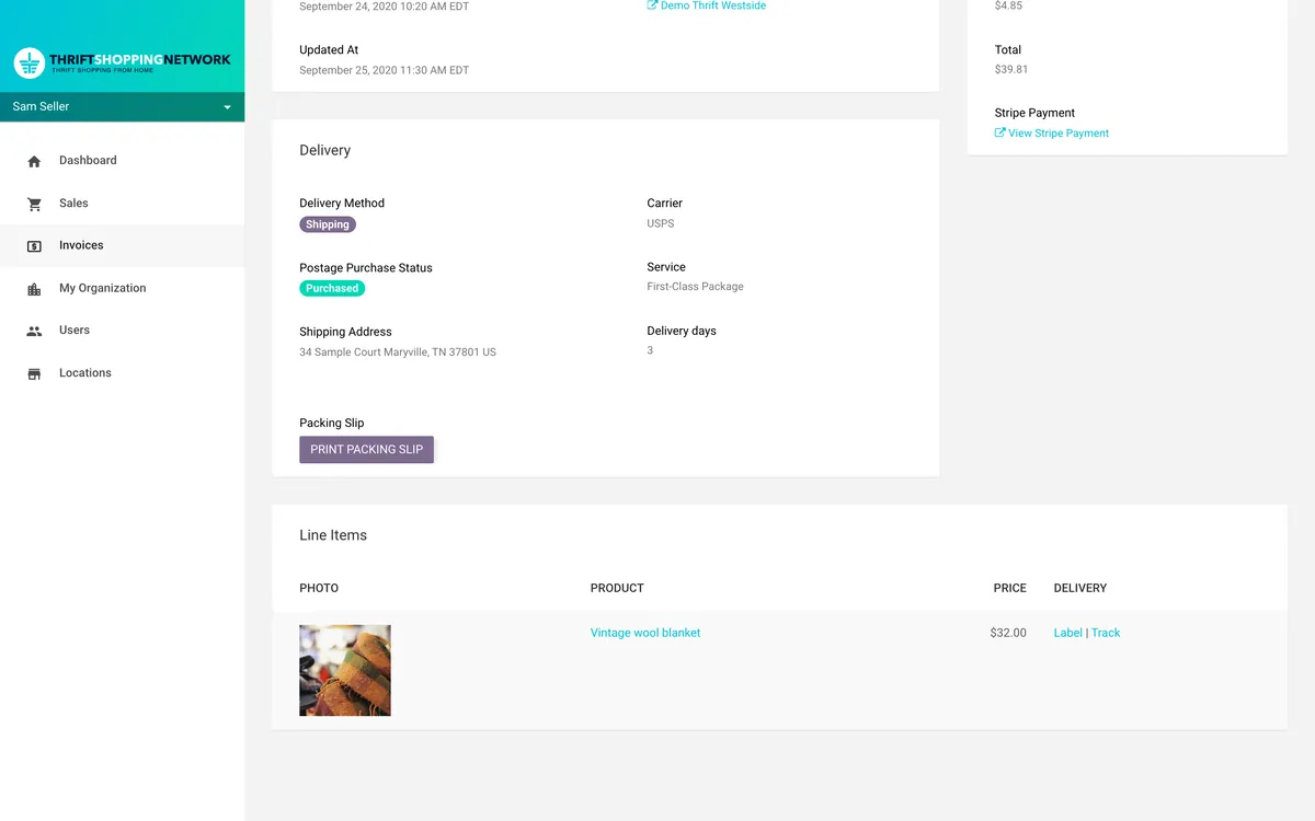A paid shipping invoice in the seller&rsquo;s portal, on demo data: postage purchased, shipping to 34 Sample Court, Maryville, by USPS First-Class Package in 3 days, with a Print Packing Slip button, and Label and Track links beside a vintage wool blanket at $32.00.