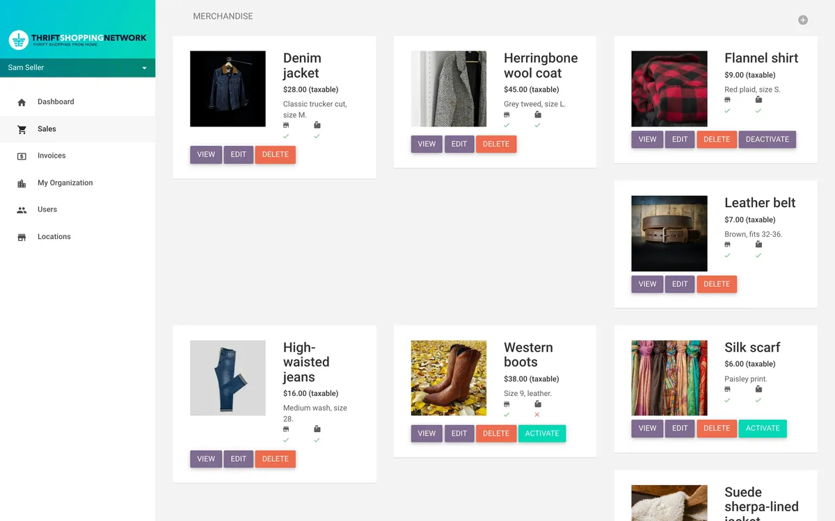 A live sale&rsquo;s merchandise in the seller&rsquo;s portal, on demo data: a denim jacket, a herringbone wool coat, a red plaid flannel shirt, a leather belt, high-waisted jeans, western boots and paisley silk scarves, each with its photo, its price and buttons to view, edit, delete and activate or deactivate it.