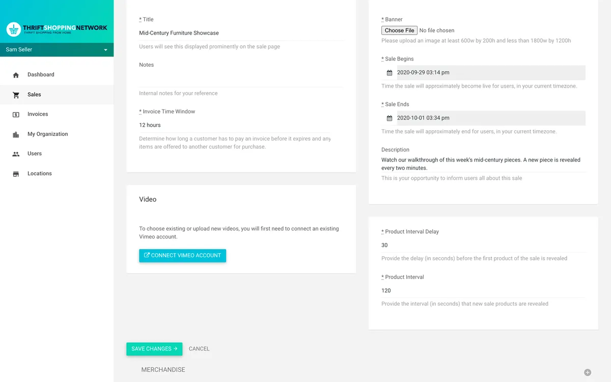 Editing a recorded sale in the portal, on demo data: a Video card asking the seller to connect their Vimeo account, and on the right a Product Interval Delay of 30 and a Product Interval of 120, each with its hint in seconds.