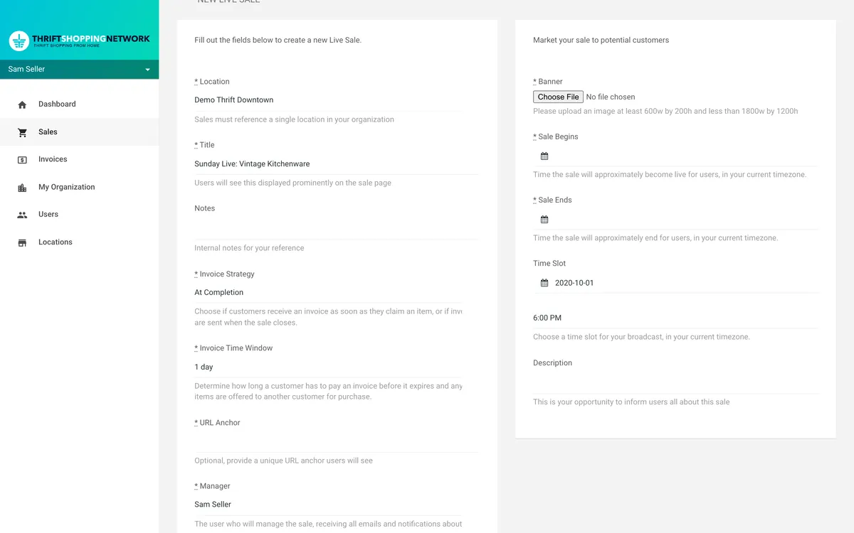A new live sale in the portal, on demo data: a Time Slot field with a date in October 2020 and 6:00 PM chosen, and the hint to choose a time slot for your broadcast, in your current timezone.
